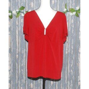 Vintage JKLA Women's Red Blouse Size 2X Open Short Sleeve Stretch V-Neck Keyhole